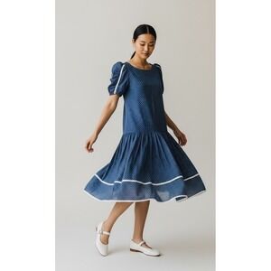 80s‎ Vintage Scooter Dress Polka Dot Blue Puff Sleeve Drop Waist Twee Small XS
